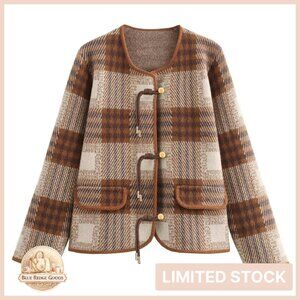 Vintage Button Down Cardigan Plaid Print Knit Coat Long Sleeve Chic Outerwear